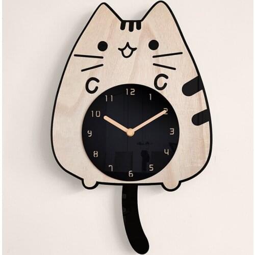 Cartoon Wooden Wall Clock Home Decoration Living Room Girl Child Bedroom Room Cat Swinging Tail Creative Silent Clock