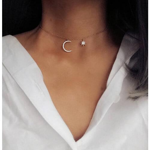 2021 New Fashion Cute Girls Christmas Gift Mix 3 Color CZ Moon Star Charm Chokers Women Delicate Chain Pendant Necklaces Jewelry