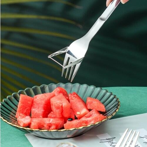 Watermelon Slicer Cut Melon Tool Stainless Steel 2In1 Watermelon Fork Fruit Slicer Melon Fruit Cutting Kitchen Accessories