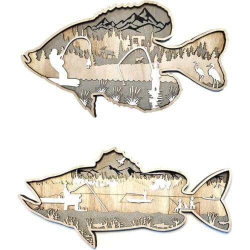 Carving Wooden Fish Sculpture Wall Hanging Sea Bass Salmon Ornaments for Living Room Bedroom Fishes Decorations