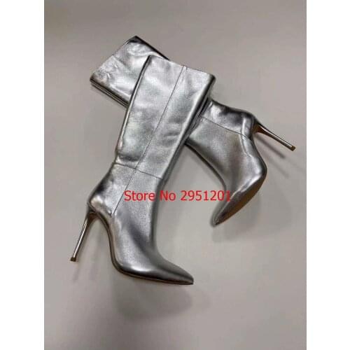 Women Shoes Boots High Heels Silver knee Tall Boots Leather Fashion Beauty Ladies Long Boots Size 35-42