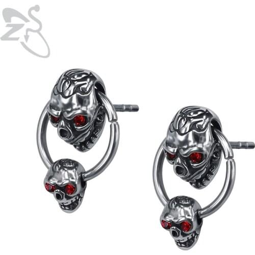 ZS Double Skull Head Earrings with Red Zirconia Eyes Mens Punk Stainless Steel Ear Stud Jewelry Accessories Hip Hop Earring