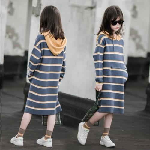 Long Sleeve Girls Dress Luxury Princess Dress Hooded Striped Dress Girl New Year Costume Flower Leisure Kids Party Ball Gown