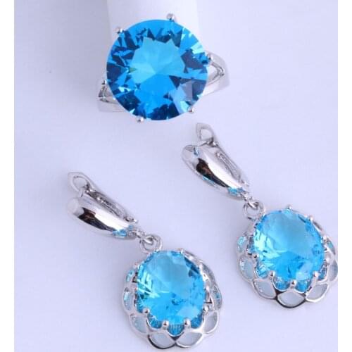 Charm Blue Sky Crystal & Cubic Zirconia Silver Color Ring & Hoop Earring Jewelry Sets Free Gift Bag JS007