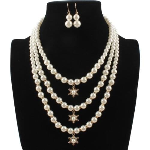 Snowflake Imitation Pearls Jewellery Set Trendy European American Exaggerated Beaded Multi Layer Rop Chain Necklace Earrings