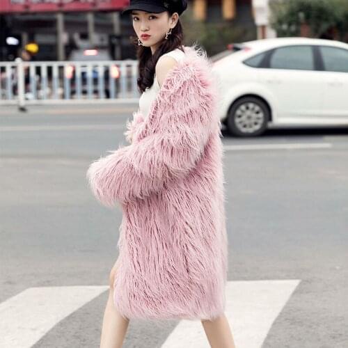 Women 2021 New Autumn Winter Long Faux Fur Jackets Ladies Slim Warm V-neck Overcoats Ladies Faux Lamb Wool Plush Coats R395