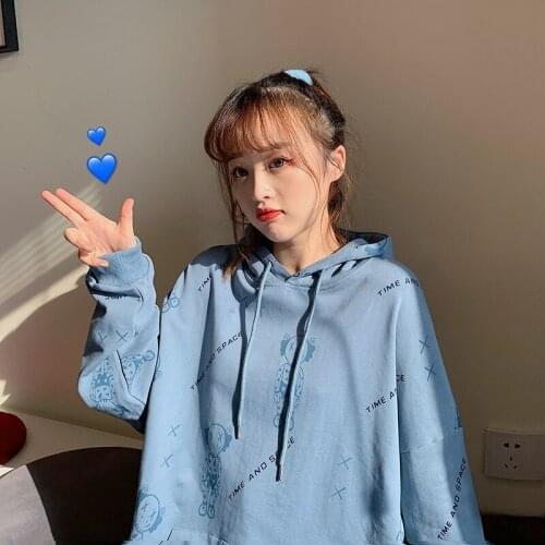 Women Blue Cartoon Hoodies Sweatshirts 2021 New Pink Loose Casual Pullovers Spring Autumn Fashion Tracksuit Loungewear Jogging