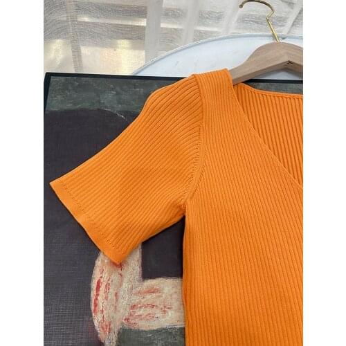 Women Sweater 2021 Spring and Summer New Ladies Stitching Knitted V-neck Short-sleeved T-shirt Orange Top