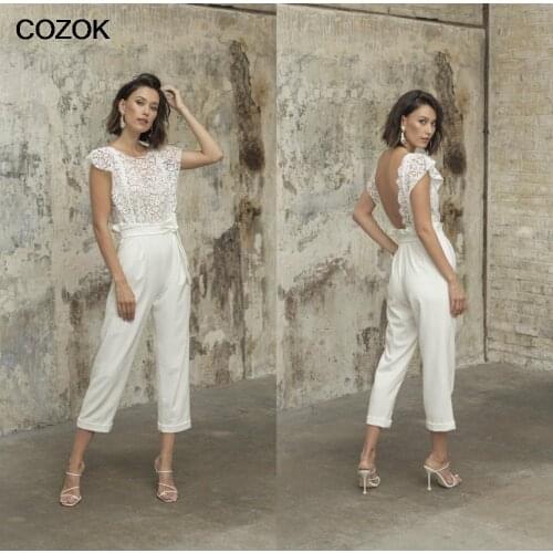 New Bridal Gown Backless Beach Wedding Dresses Outfit Jewel Neck Ankle Length Lace Wedding Jumpsuits 2021