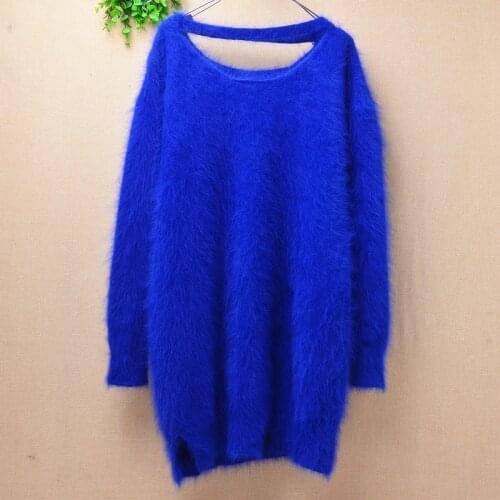 Ladies women fashion blue hairy mink cashmere knitted sexy long sleeves loose pullover angora fur winter jumper sweater dress