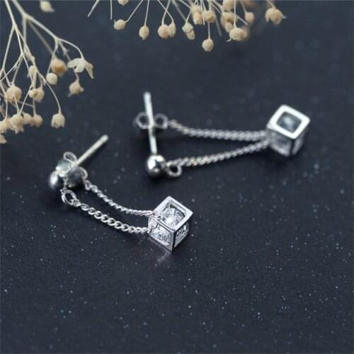 1pair Authentic 100% REAL. 925 Sterling SIlver Fine Jewelry Crystal Square Cube hoop huggie Earrings Tassel C-E4483