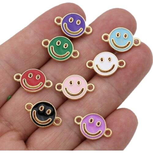 10Pcs Enamel Gold Color Pink Smile Face Charm Connector for Jewelry Making Earrings Bracelet Accessories DIY Findings