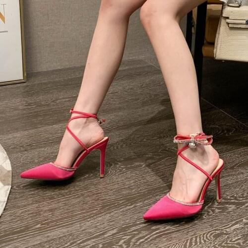2021 Summer New Water Drill Bow Heels Sardine Pudding Tip Thin-heeled Sandals Girl