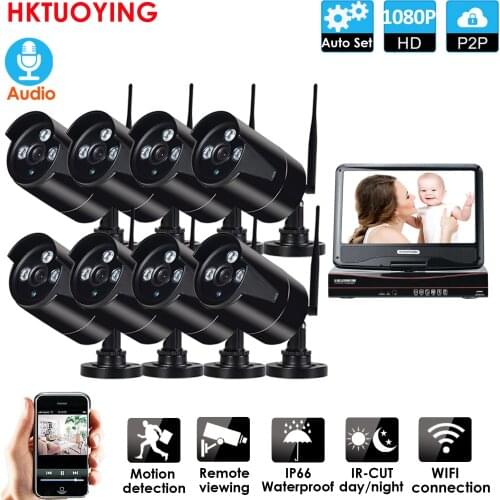 8CH AudioWireless cctv System Network 10.1"LCD Monitor NVR Recorder Wifi Kit 1080P HD audio Inputs 8pcs 2.0MP Security ip Camera