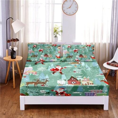 Christmas Digital Printed 3pc Polyester Fitted Sheet Mattress Cover Four Corners with Elastic Band Bed Sheet Pillowcase