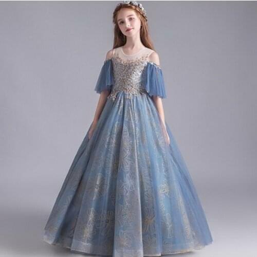 Embroidered Girl Party Dress 2020 new Gauze Long Performance Dress Ball Gown show dress Baby Clothes E1963