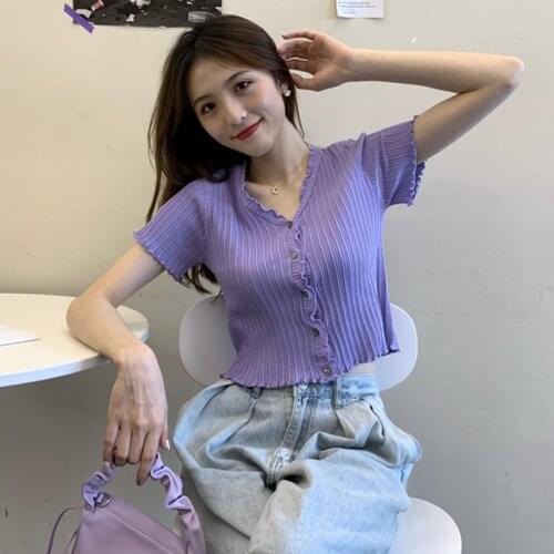 Summer Womens Short-sleeved Knitted T-shirt Korean Solid Color V-neck Short-sleeved T-shirt Female Wild Bm Short Tops GD373