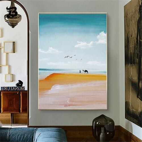 Canvas Painting Landscape Art Oil Painting North Africa Middle East Desert Camel Auspicious Bird Wall Art Modern Home Decoration
