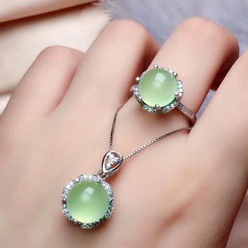 100% Real Natural Prehnite Jewelry set Natural And Real Prehnite Set 925 sterling silver Fine jewelry 1pc Ring,1pc Pendant