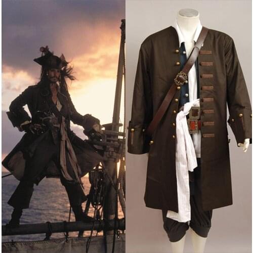 Pirates Cosplay Costume Captain Jack cosplay Sparrow Cosplay Jacket Vest Belt Shirt Pants Costume Full Sets Adult Men