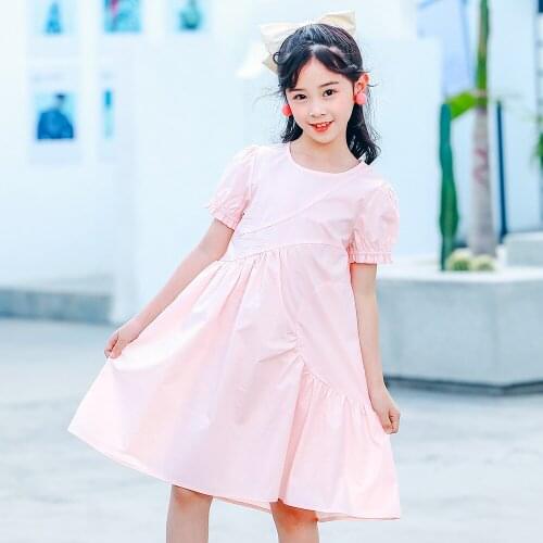 Summer Pink Childrens Princess Dress New 2021 Fashion Stitching Bubble Sleeve Girls Dress