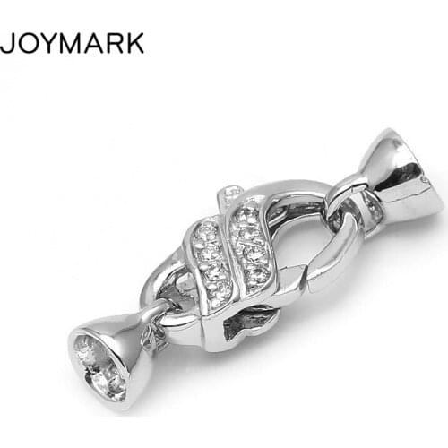 Real 925 Sterling Silver Zircon Pave Lobster Clasps Connectors With End Caps Pearl Jewelry Accessories SC-CZ117