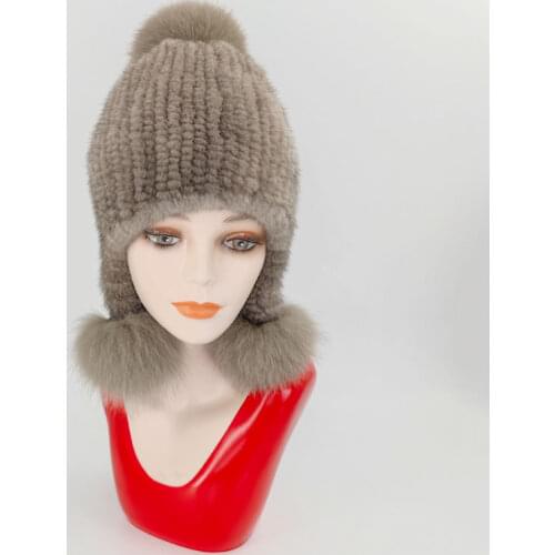 New Mink Fur Knit Hat Russian Beanie With Elastic Winter Thickening Warm WomenS Fur Hat Fox Fur Ball Cap Free Shipping