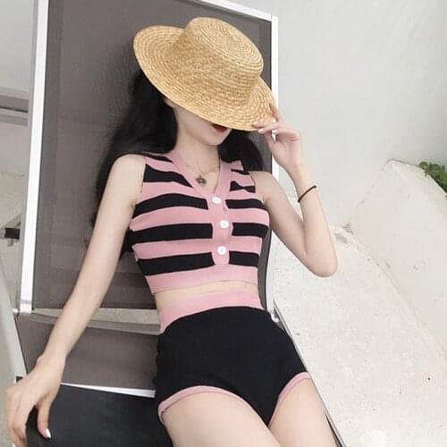 2020 New Striped Knit Camisole Chic Sexy Backless Tank Top Vacation Style V-neck Vest For Women