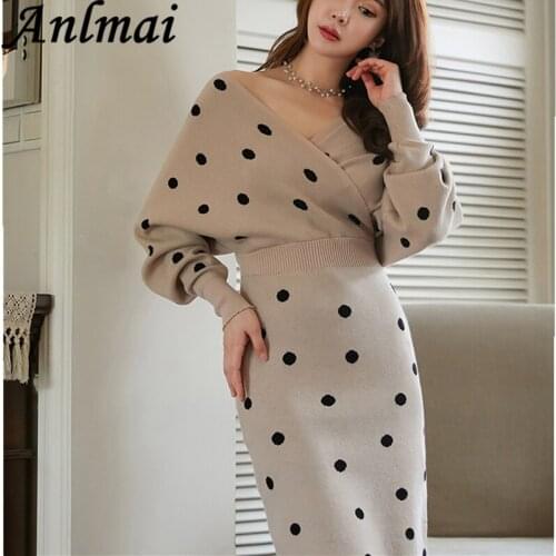 Autumn Winter Women Dot Printed Sweater Dress Elegant Female A-Line Dresses Soft Knitted Dresses