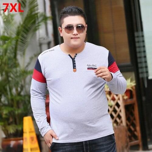 Autumn mens fashion plus size V-neck loose thin T-shirt fat brother stitching casual tide T 7XL