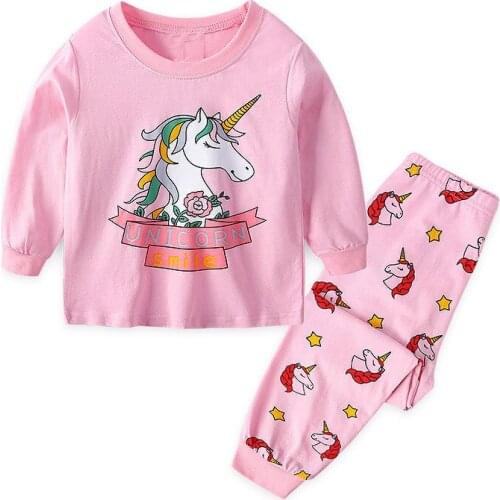 27kids Girls Cotton Pajamas Sets Toddler Babys Home Clothes Pink Unicorn Pattern Long Sleeve kids Sleepwear 2-7Years