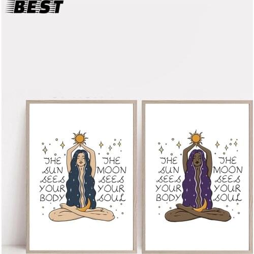 Estilo nórdico feminino posters e cópias do sexo feminino celestial parede arte sol lua corpo alma fotos para sala de estar deco