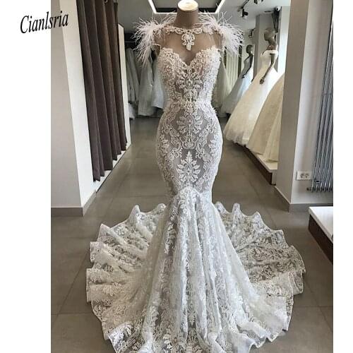 Real Image Sweetheart Pearls Backless Dubai Arabic Mermaid Wedding Dress Cap Sleeve Appliques Lace Feathers Saudi Bridal Gown