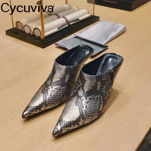 New Sexy Designer Women Slippers Women Shoes Slip On Pointed Toe Sandals Women Pumps Snakeskin Grain Female Stiletto Ladies Shoe