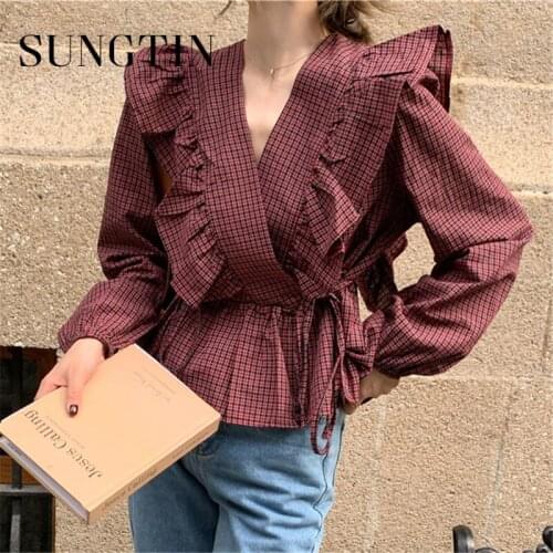 Sungtin Ruffles Women Vintage Slim Plaid Blouse Shirts V Neck Chic Lady Streetwear Lace Up Plaid Shirt Elegant Female Tops Cute