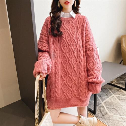 Large size sweater womens mid-length autumn and winter new Korean loose hedging twist student lazy style outer wear sweater