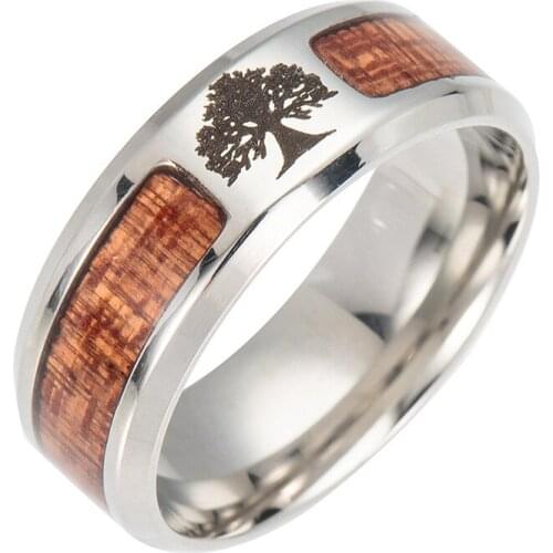 V295 Stainless Steel Nordic Vikings Amulet Tree Yggdrasil Mosaic Wood Semi-circle Ring