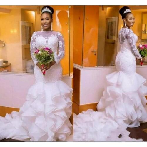 South African Nigerian Wedding Dresses Plus size Long Sleeve Sheer Neck Bodycon Fishtail Mermaid Bridal Gowns Beaded Chic Layer