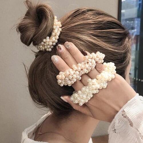 Pearl Hair Beads Ties Woman Elegant Scrunchies Rubber Bands Ponytail Holders White Black Elastic Hair Rope Clips Accessories