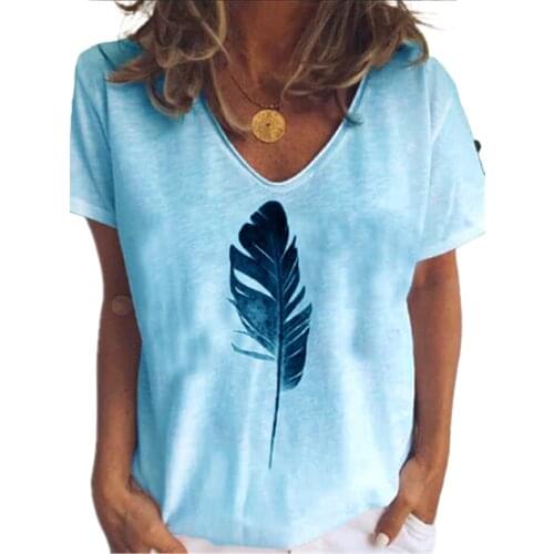 T-shirt Ladies Short Sleeve V-neck Tee 2021 New Summer Plus Size Women Feather Print T Shirt Street Casual Custom T-shirts Woman