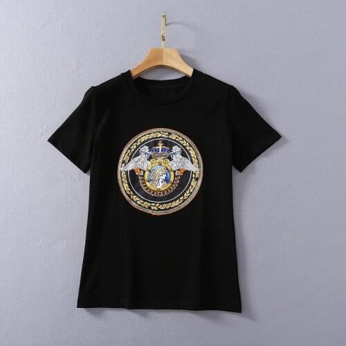 European and American womens clothing 2021 The new spring Short sleeve nail bead pattern Fashion cotton T-shirt