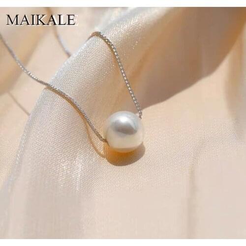 MAIKALE Luxury 925 Sterling Silver Necklaces Pendant with 10MM Round Freshwater Pearls Charm Necklace for Girls Women Jewelry