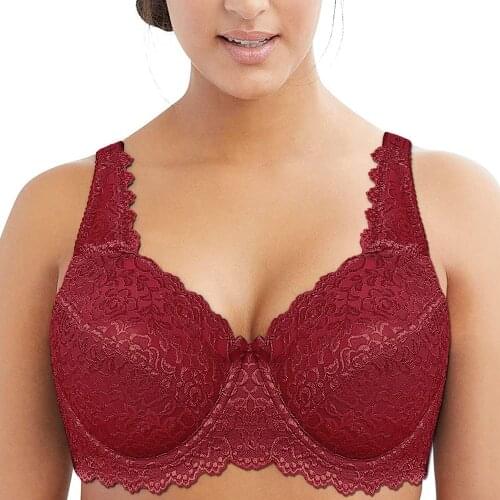 Women Lace Bra Full Coverage Bras Red Underwire Unlined Big Size Floral C D E F G H I 34 36 38 40 42 44 46