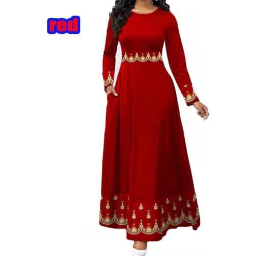 OTEN Women Elegant Ethnic Print Round Neck Party Long Dress Retro Long Sleeve Slim High Waist Evening Dress A-Line Long Dress