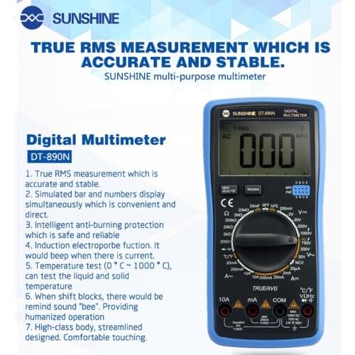 SUNSHINE DT-890N Digital Multimeter Meter Transistor Capacitor Tester AC/DC Ammeter Volt Ohm Tester Meter Multimetro LCD Display