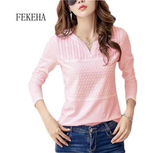 FEKEHA White T-shirt Women Spring Autumn Cotton Female Long Sleeve T Shirts V-Neck Ladies Tops Casual Tees