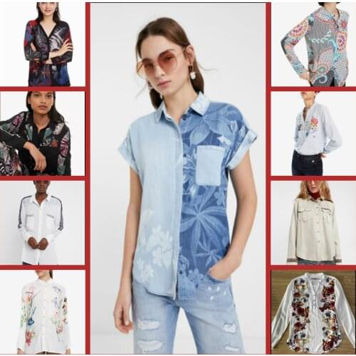 Spanish Desigual lady new chiffon print shirt slim European and American style shirt embroidery splicing color lady trend shirt