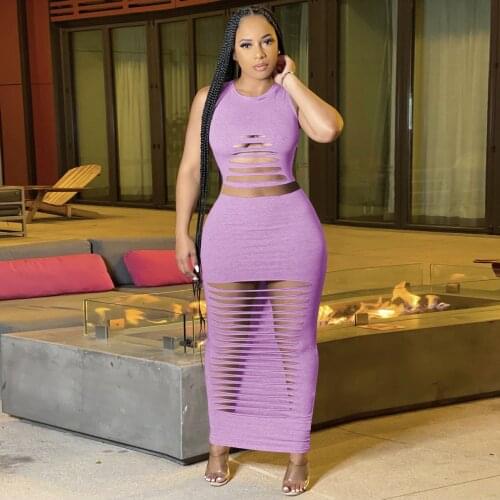 Neon Color Hollow Out Two Piece Set Women Hipster Casual Sleeveless Tank Top and Solid Stretchy Long Skirt Casualwear Outfits