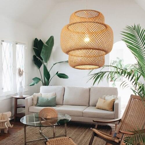Chinese country style handmade rattan chandelier in the living room room, original bamboo woven loft chandelier
