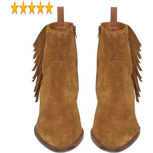 Cowhide Runway Mens Real Winter Chelsea Slip On Block Heels Tassels Riding Shoes Ankle Suede Leather Boots